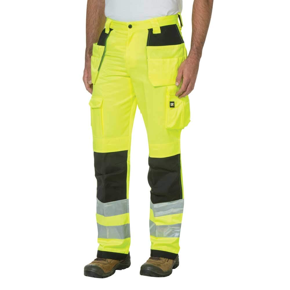 Photo 1 of Caterpillar Men's Trademark Work Pants Made from Tough Canvas Fabric with Cargo Space, Class 2, Hi-Vis Yellow/Black, 38W x 32L