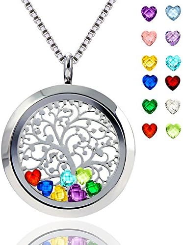 Ronglai Jewelry Floating Locket Pendant Necklace Heart Crystal Family Tree of Life Necklace All Birthstone Charms Include
