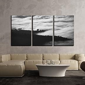 3 Piece Canvas Wall Art - Mountains and Fog in Black and White - Modern Home Art Stretched and Framed Ready to Hang - 16"x24"x3 Panels