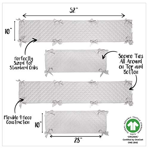 MakeMake Organics Organic Crib Bumper Pad GOTS Certified Organic Cotton Crib Bumper Pads Breathable Cotton Quilted Thinner Safe Hypoallergenic 4 PC Set Standard Crib Liner Boys Girls (160"x10", Grey)