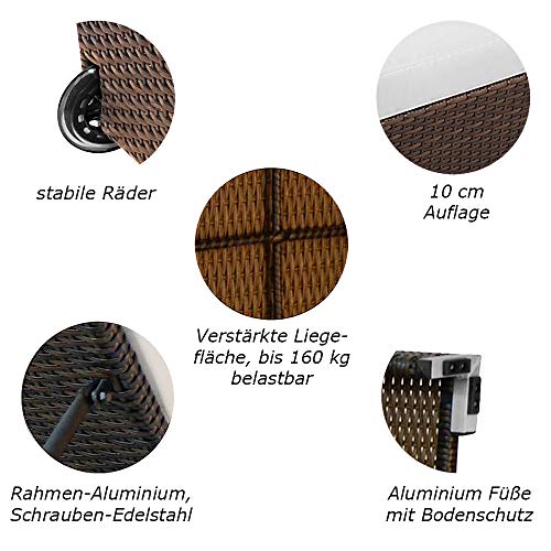 RS Trade Sonnenliege Palermo Braun/Grau - Outdoor Liege mit beständigem Poly-Rattan-Geflecht - verstellbare Rückenlehne – extra hoch & breite Liegefläche - inkl. Kopfteil und 10 cm Auflage – Bild 4