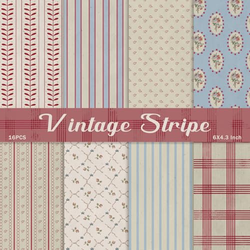 PRSTINCOL Scrapbook Paper,16 Sheets 4.1x5.8 Inch Vintage Stripe Style Scrapbook Supplies,Single-Sided Vivid Origami Decoupage Paper for DIY Crafts, Card Making, Art Journaling