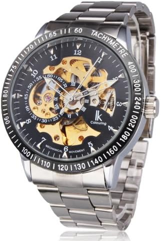 Amazon Ik Colouring ブランド新品 高級品 オートマティック シルバーステンレス 黒金スケルトン文字盤 アナログ表示 メンズ腕時計 安値で ゴールドパネル エレガント革バンド アンティーク風 メンズ腕時計 腕時計 通販