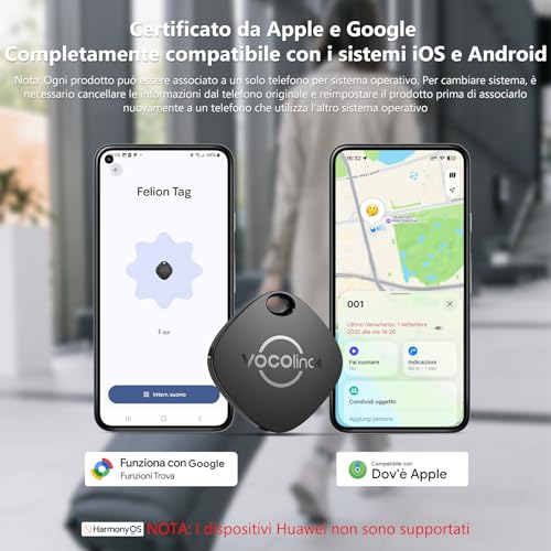 VOCOlinc Smart Tag Tracker Compatibile con Android Google Funzioni Trova o iOS Apple Dov'è App, Bluetooth Localizzatore Trova Oggetti per Chiavi/Portafoglio/Bagaglio/Zaino Borsa, 4 Pezzi Nero