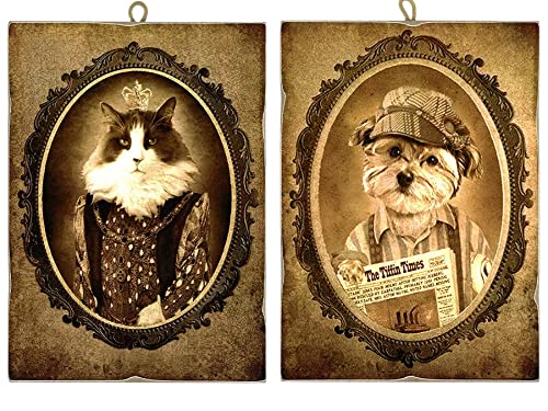 KUSTOM ART Set of 2 Vintage Style Pictures Series Aristocratic Animals (Cat and Dog) Collectible Print on Wood - Gift Idea