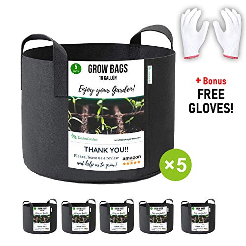 DECKNGARDEN 5-Pack 10 Gallon Grow Bags with Great Drainage and Air Permeability That Prevent Roots Circling and Allow Roots to Breath – Reinforced Handles and Extremely Durable (Bonus Free Gloves)