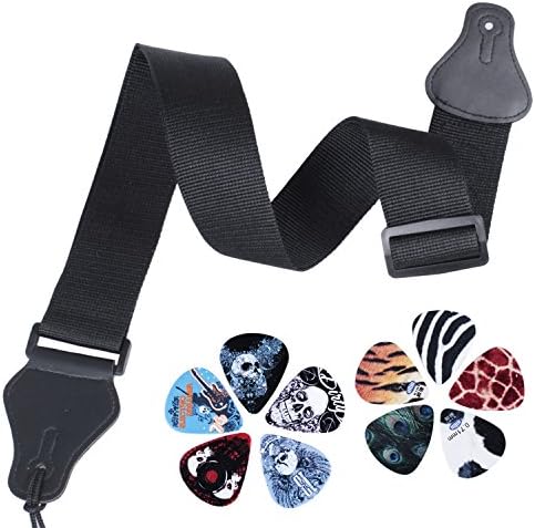 Guitar Strap with Leather Ends and 10pcs Guitar Picks for Electric/Acoustic Guitar