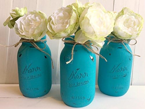 Blue Painted Mason Jars, Distressed by Hand, Quart Sized, Set of Three, Color Shown is Treasure