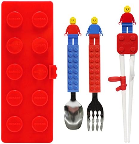 Figure spoon, fork, training chopsticks and case cover set for toddler kid children (red)