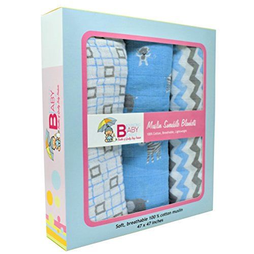 Muslin Swaddle Blankets - Set of 3 Super Soft 100% Cotton Receiving Blankets - By Bouncing Baby Bundle - Extra Large Boys Blue Classic Multi-use for Nursing Cover Stroller Cover or Burp Cloth