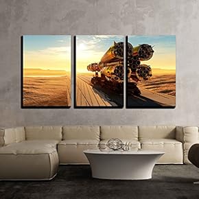 3 Piece Canvas Wall Art - Baikonur with The Spacecraft Against The Sky - Modern Home Art Stretched and Framed Ready to Hang - 16"x24"x3 Panels