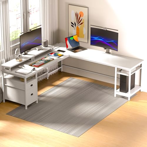 STAR BURN 66" Grande Escritorio en L de con Toma de Corriente,Escritorio Reversible para Computadora con Cajón para Archivos y 2 Soportes para Monitor,Escritorio para Oficina con Estantes Blanco