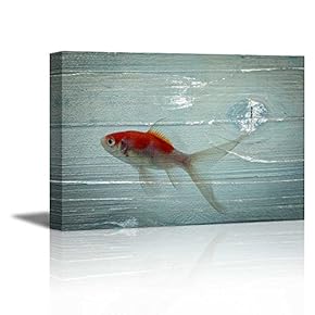Canvas Prints Wall Art - Red Golden Fish on Vintage Wood Background Rustic Home Decoration - 12" x 18"