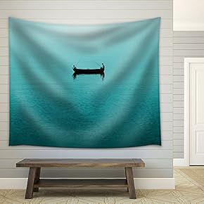 Two Persons Fishing in a Boat on Blue Sea - Fabric Wall Tapestry Home Decor - 51x60 inches