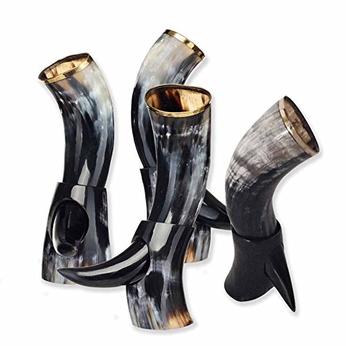 AleHorn - The Original Handcrafted Authentic Viking Drinking Horn for Beer, Mead, Ale - Medieval Inspired - Food Safe Vessel - Curved Style with Stand (12" 4PK, Polished Horn)