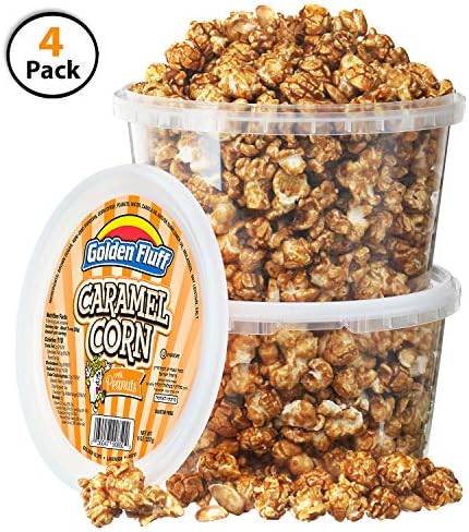 Crunchy Caramel Popcorn Tubs With Peanuts [Pack of 4, 8 oz] | BONUS Bag Of Honey Roasted Peanuts | Resealable Plastic Containers, Sweet Flavor & Thin Caramel Coating