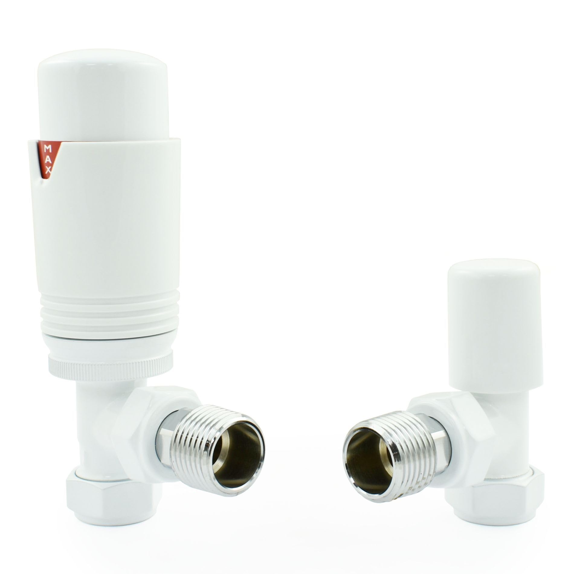 Hot Flow All-White Estuary Angled TRV Thermostatic Radiator Valve (Pair) Includes Angled TRV Body, Wheel Head & Lock Shield for Quick & Easy Temperature Control. Perfect for Energy Saving.