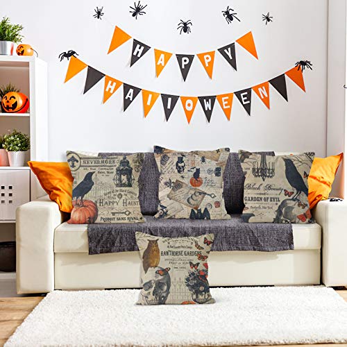 Motiloo 4 Pieces 18x18 Inch Pillow Covers Halloween Decoeative Pillow Covers Square Soft Cotton Linen, Home Decor Cushion Covers Crow Pumpkin Skull Owl Throw Pillowcases for Sofa Bed