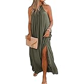 FARORO Sleeveless Long Dress for Women Boho Halter Maxi Sundress Casual Loose Dresses Split Cover Up Gown with Pockets