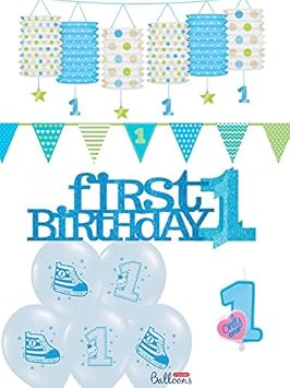 10-tlg. Partyset 1. Geburtstag blau - Girlanden, Kerze, Hängeswirl, Luftballons u. Aufsteller