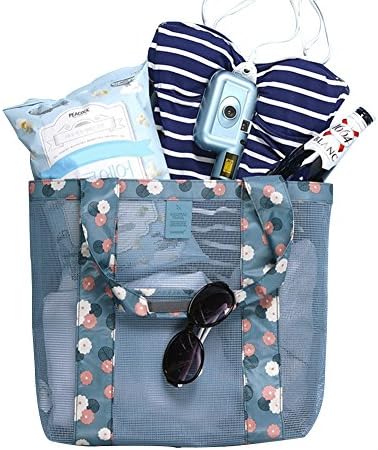 Orient Home Mesh Beach Bag Toy Tote Bag,Clear Transparent Handbag Shoulder Toys Shells,Grocery &amp; Picnic Tote with Oversize Pocket-BlueFlower