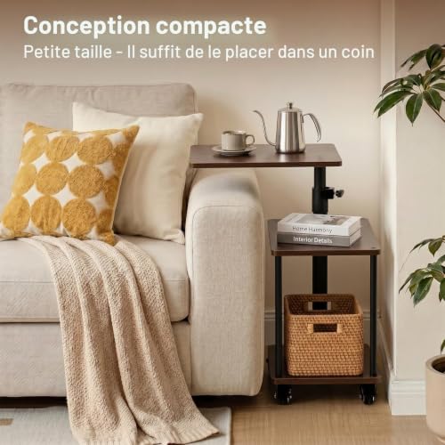 Bingyouth Side Table with Wheels 360° Swivel Tray Adjustable Height 47-71 cm Rolling Table Walnut End of Sofa with Storage Space Mobile Side Table for Living Room and Bedroom