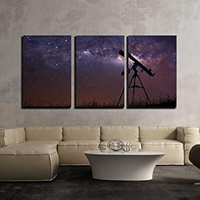 3 Piece Canvas Wall Art - Infinite Space Background with Silhouette of Telescope. - Modern Home Art Stretched and Framed Ready to Hang - 16"x24"x3 Panels