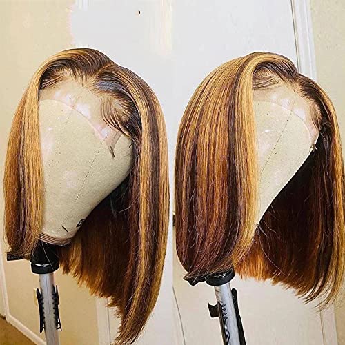 Highlight Glueless Bob Wig Straight 4/27 Ombre Brazilian Brown Honey Blonde T-Part 4×1 Lace Front Human Hair Wigs for Black Women Natural Hairline Pre Plucked 150% Density 10 Inch