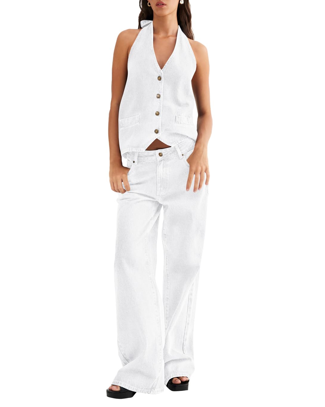 Photo 1 of (BAGGED) (USED/FAIR) Fisoew Women's Two Piece Denim Set Button Down Backless Tank Top and Wide Leg Jeans 2 Piece Outfit Suits L