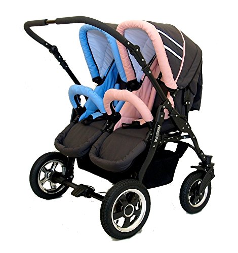 pink and blue double pram