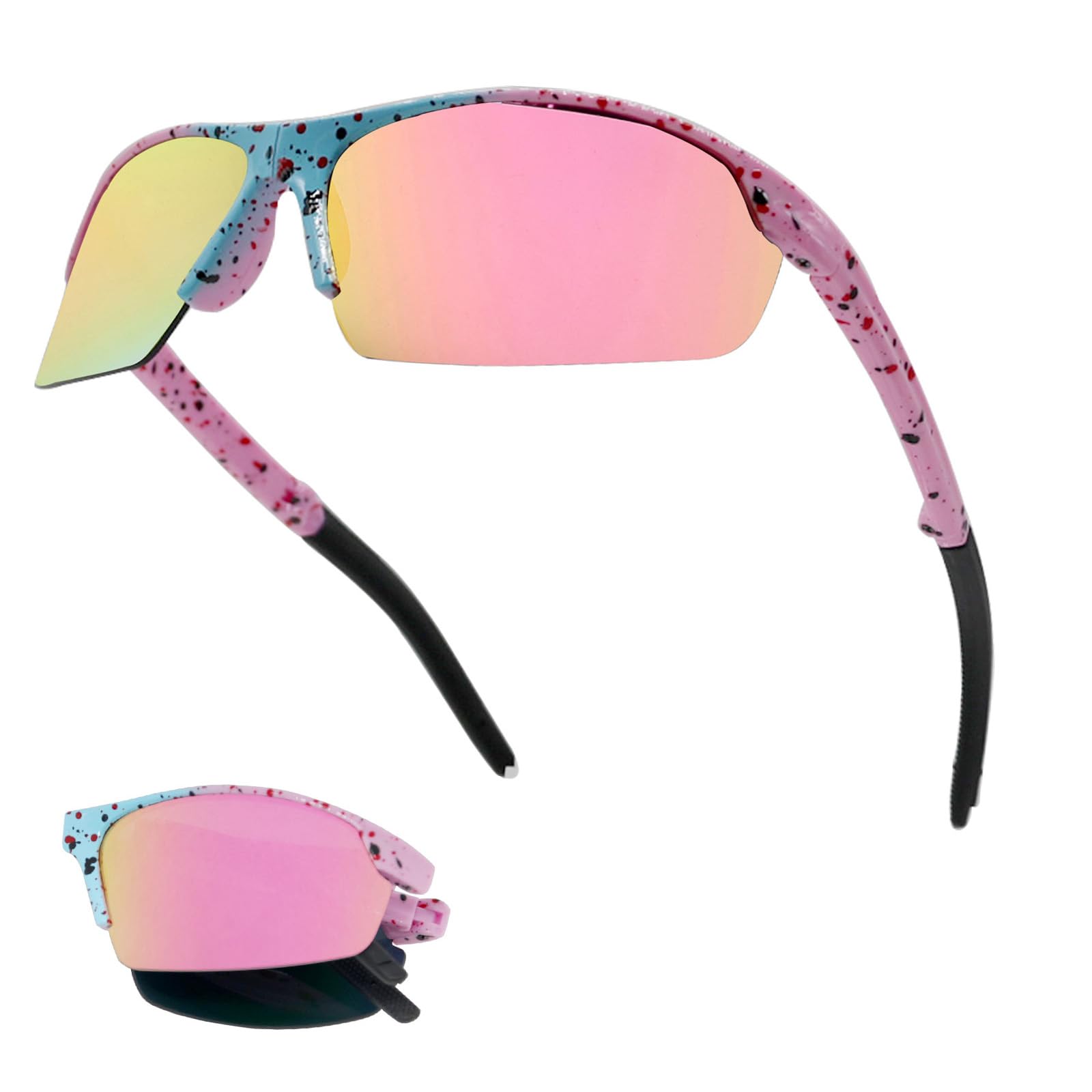 Long Keeper Foldable Sports Sunglasses for Men Women Youth Sports Running Glasses Windproof Cycling Goggles Softball Baseball Glasses UV Protection Shades (Pink Blue Frame Pink Mirrored Lens)