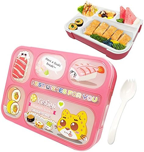 Bento Box for Kids, FIOLOM 5 Compartment Leakproof Meal Prep Container Portion Control Lunch Container with Spoon Dishwasher Safe Reusable Bento Boxes for Kids, Boys, Girls, School (Pink)