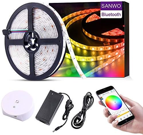 Sanwo Led Strip Light, 16.4ft/5m RGB 150Leds SMD5050 App Rope Light with 12V Power Supply, Bluetooth Controller and String Light Fixing Clips, Color Changing Light Strip (16.4ft Smart Light Strip)