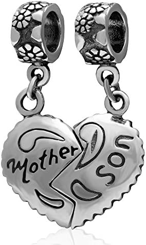Hoobeads.925 Sterling Silver Heart Dangle Charms Mother and Son Fit European Charm Bracelet