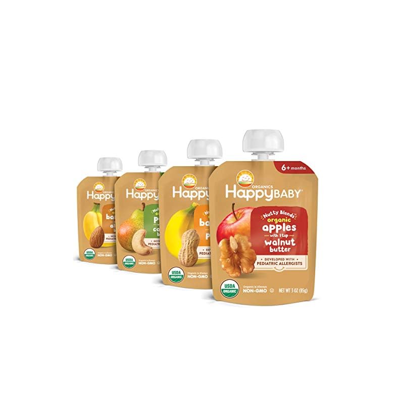 Happy Baby Organics Nutty Blends Organic Variety Pack (Pack of 8) Apples/Walnut Butter, Bananas/Almond Butter, Bananas…