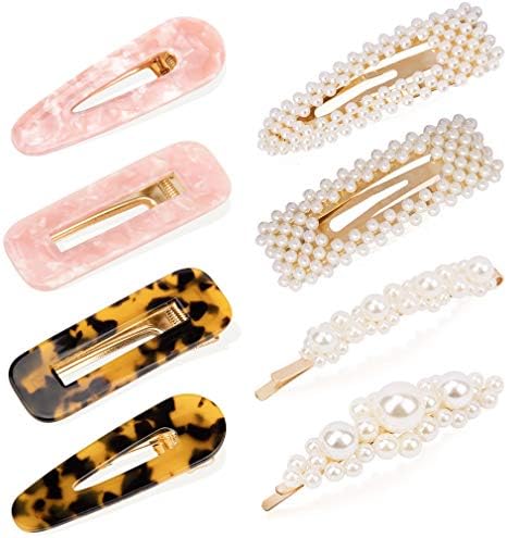 Velscrun 8 Pack Fashion Hair Clips Barrettes, 4 Acrylic Resin Geometric + 4 Pearl Hair Styling Pins Hair Accessories for Women and Girls