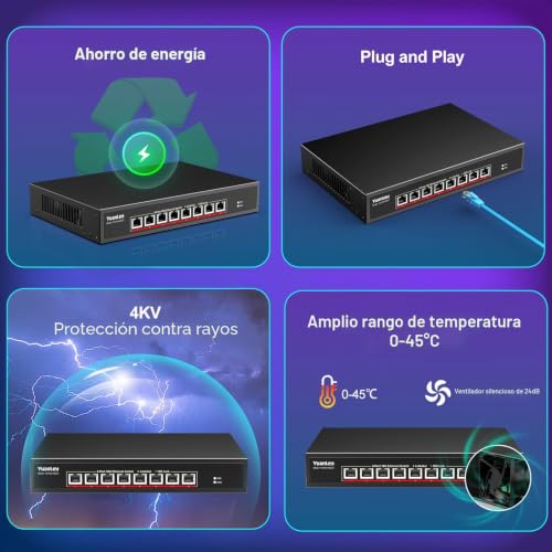 YuanLey 10G Ethernet Switch 8 Port RJ45, Supports 10G/5G/2.5G/1G/100M Automatic Speed Negotiation, 160G Switching Capability, Rackmountable Unmanaged Switch, Plug and Play