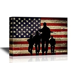 Military Family Silhouette of Troops on American Flag Background