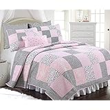 Cozy Line Home Fashions Vivinna Baby Pink White Black Grid Flower Pattern Patchwork Cotton Bedding Quilt Set Coverlet Bedspreads for Kids Girls Women (Pink/Black, Full/Queen - 3 Piece)