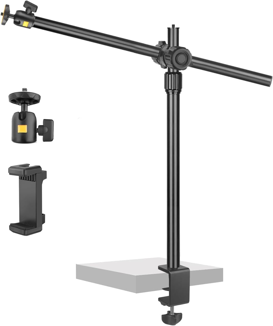 JEBUTU OS02 Camera Desk Mount with Flexible Overhead Phone Arm, 31-57cm Adjustable Desk Tripod with C-clamp, Phone Clamp and 1/4" Ball Head for Camera, Smartphone, Ring Light, Webcam
