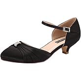 ERIJUNOR Women Comfort Low Kitten Heel Buckle Ankle Strap Satin Bridal Wedding Shoes