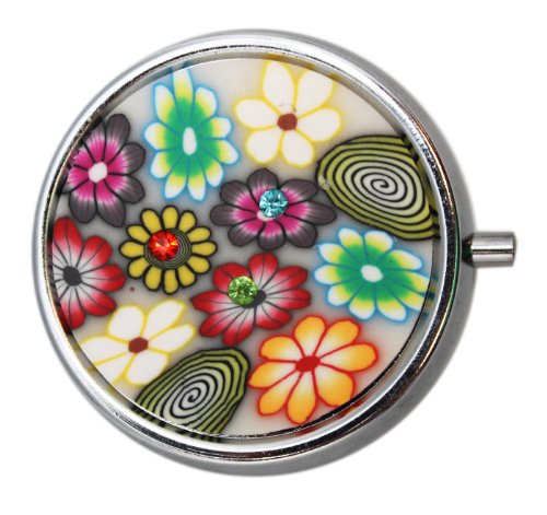 Small Round Silver White with Neon Flowers Pill Box with Mirror - Silver Elegant Pill Box