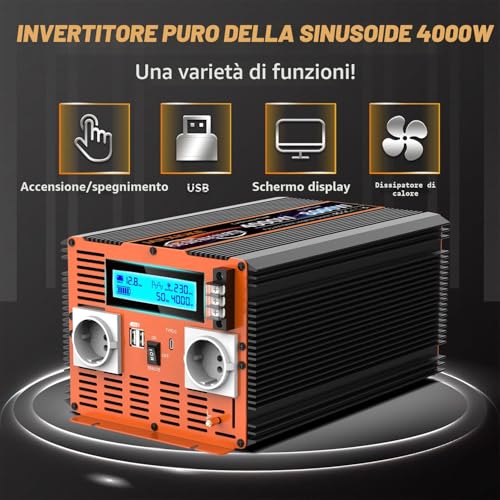 Inverter 12 V 220 V Pure Wave 4000 W Power Inverter 12 V to 220 V Power Converter with Remote Control & Dual AC Sockets & 2 x USB & Type-C Port for Car Camper
