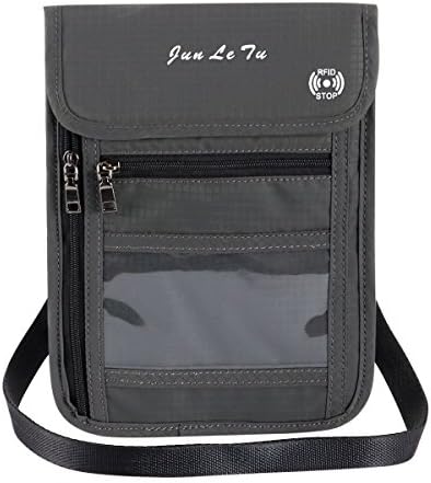 Neck Wallet with RFID Blocking Multifunctional Passport Holder Travel Document Organizer Case with ID Window for Men (Deep Grey)