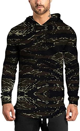 JXEWW Men Hipster Curved Hem Hooded Camo T Shirt Hip Hop Swag Blouse Long Sleeves Hoodies (M, Green Camou)