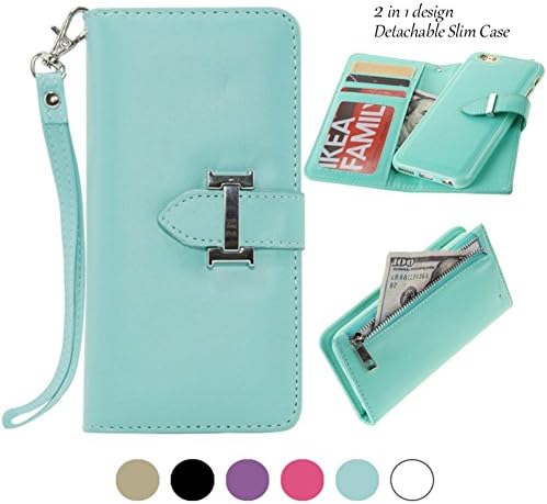 iPhone 6/6S Wallet Case with Magnetic Detachable Slim Case and Back Zipper Pocket for Changes&Removable Wristlet, Made with Premium Faux Leather in Green-By Weforever