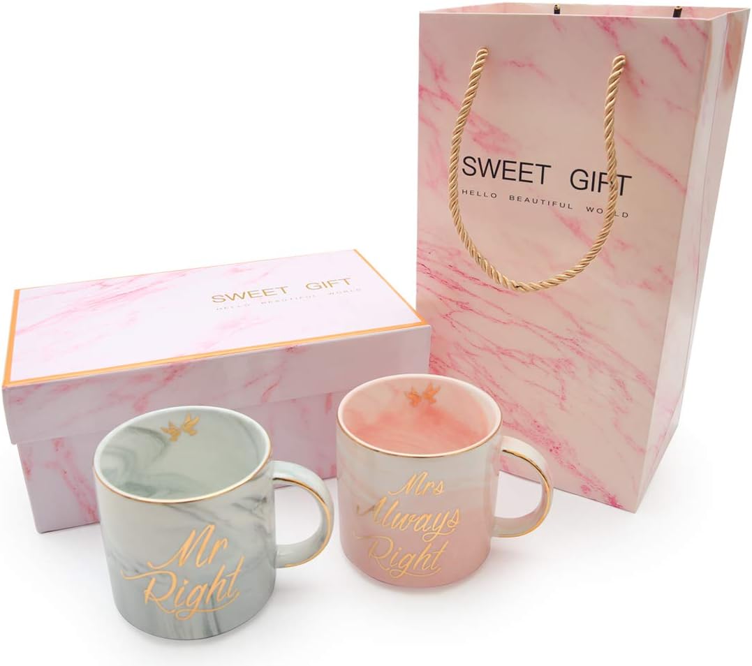 Mr Right Mrs Always Right Coffee Mugs Set- Perfect for engagement parties, wedding, anniversary, and newlyweds, him or her- Ceramic Marble Cups 13 oz (Pink Marble Boxes and Pink Marble Bags)