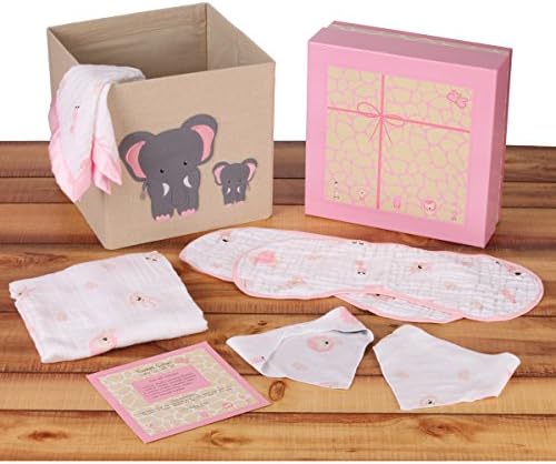 New Baby Girl Gift Set with Adorable Pink Jungle Design, Includes Muslin Cotton Blankets, Bibs & Burp Cloths with Matching Storage Basket, Arrives in Beautiful Box and Makes a Unique Shower Gift