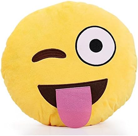 LYDcushion Soft Emoji Smiley Emoticon Yellow Round Cushion Pillow, Blink and Tongue #1