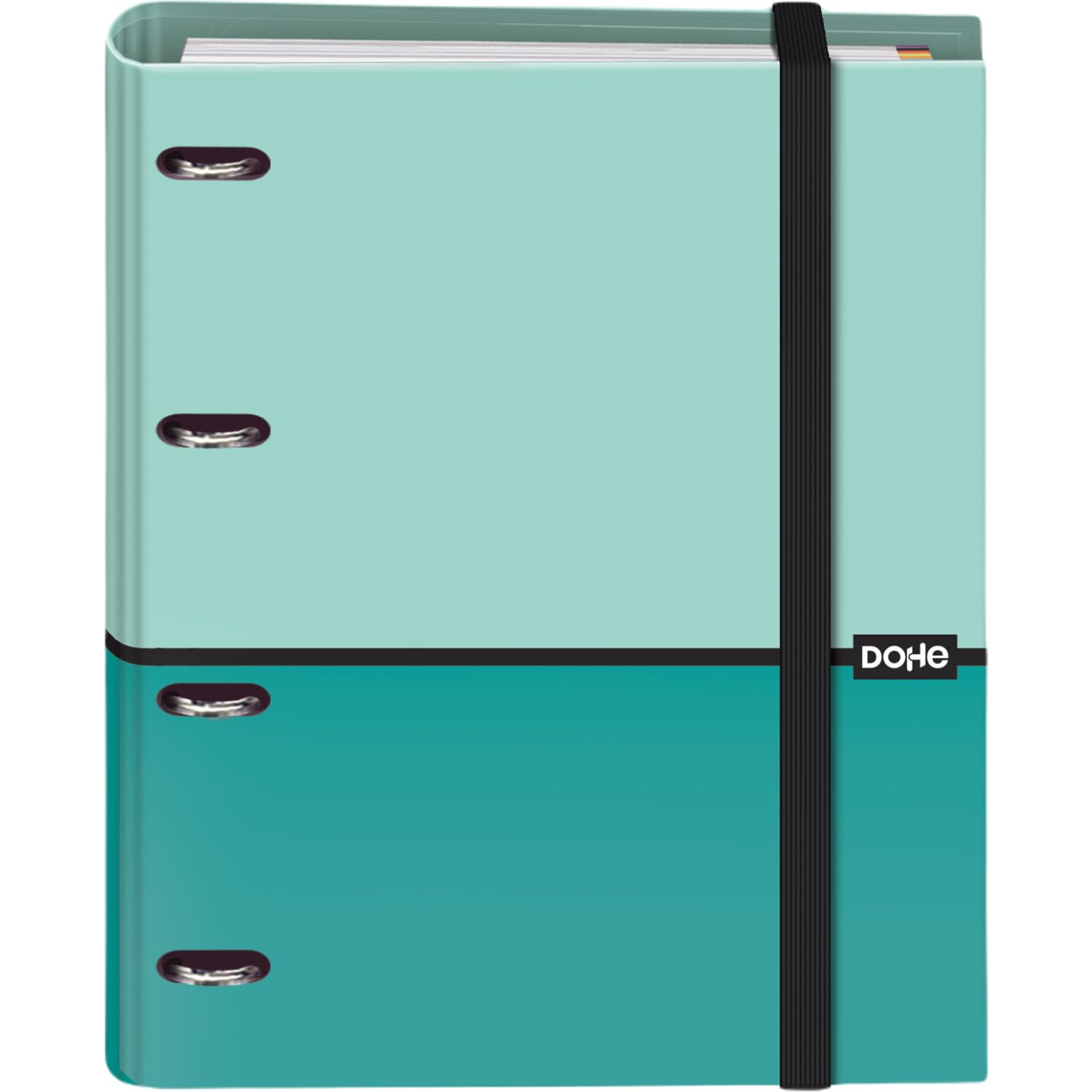 Dohe - Binder with Refill - 4-Ring Folder, A4 (28x32 cm), 100 Sheets 5x5 mm Grid Paper, 4 Colour Dividers, Extra Storage Pocket and Elastic Closure - DUO Green